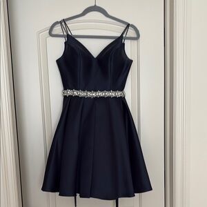 Alyce Paris Elegant Navy Homecoming Dress with Embellished Waist